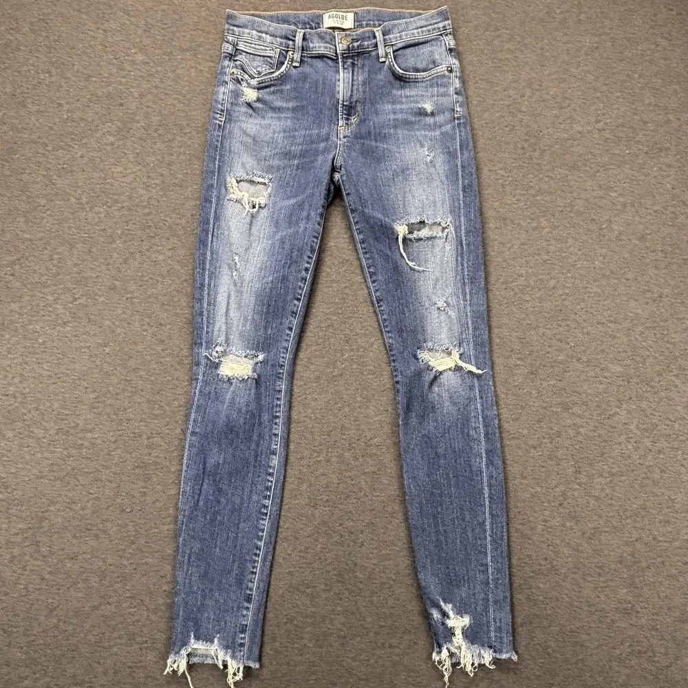 AGOLDE Jeans Womens 27 Blue Distressed Skinny Raw Hem Mid Rise 28x29‎ Made USA